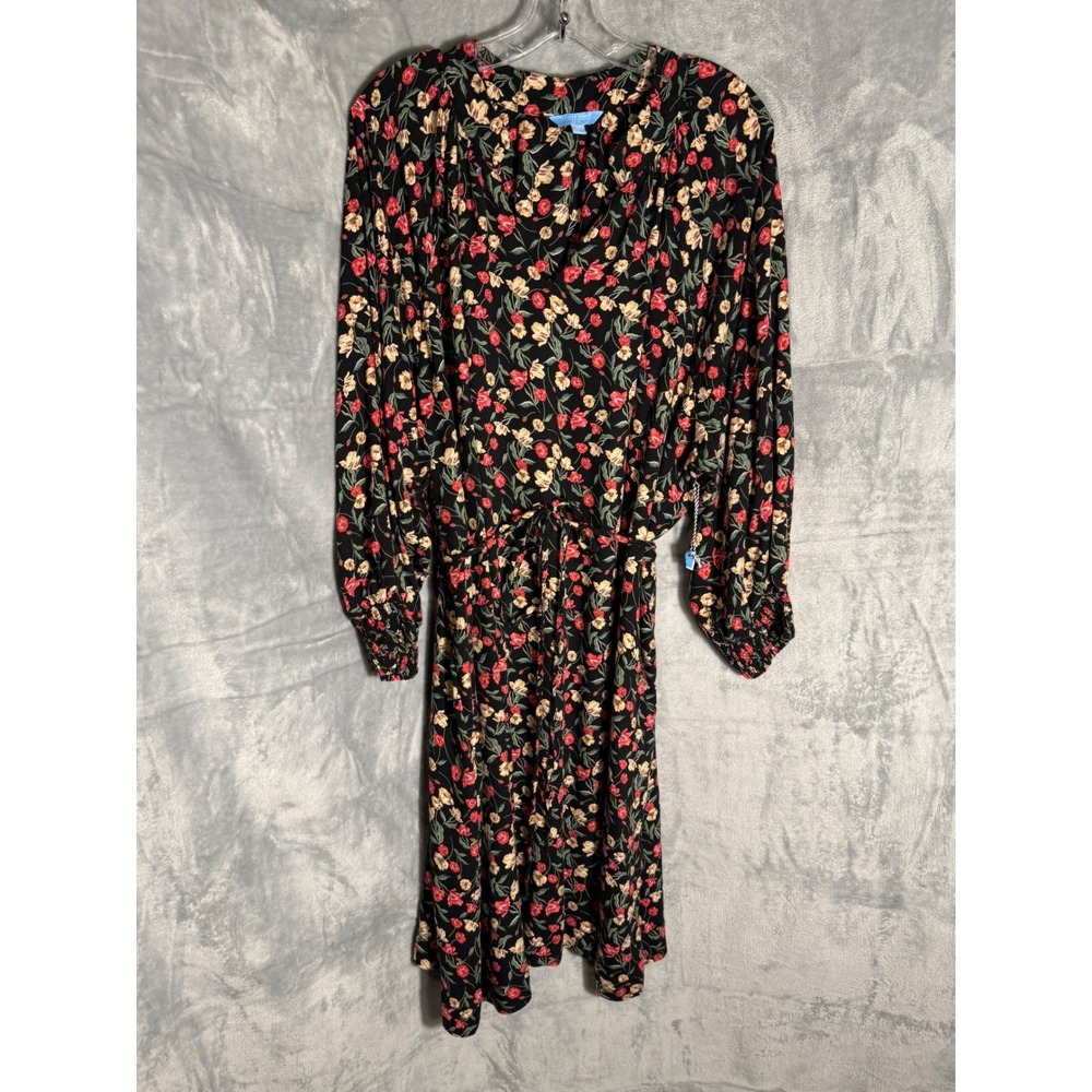 Draper James RSVP Women 2X Floral V-Neck Drawstring Midi Dress Black floral NEW